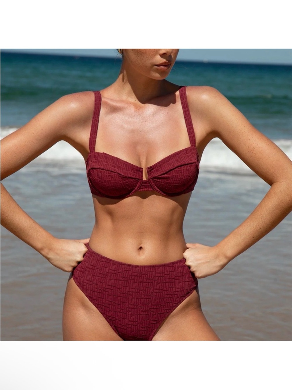 NWT 🍇 BERLOOK High-Waist textured Burgundy Bikini Set size L - Picture 4 of 11